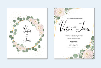 floral wedding invitation template, design concept, rose, anemone, ranunculus, chamelaucium, pink flowers and decorative eucaliptus leaves,  greeting cards design set. 