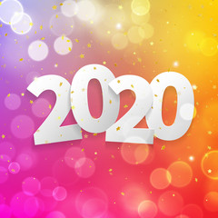 2020 Happy New Year greeting card with bokeh lights of golden stars glitter and vector pink color confetti for Christmas holiday celebration background