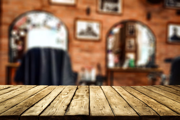 Table background with blurred barber salon shop view. Empty space for decoration and advertising products.