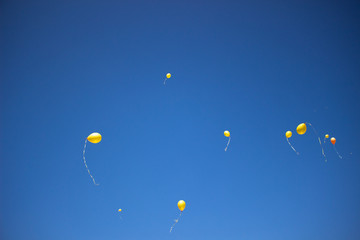 Many balloons fly in the sky. Festive balloons released by people into the air.