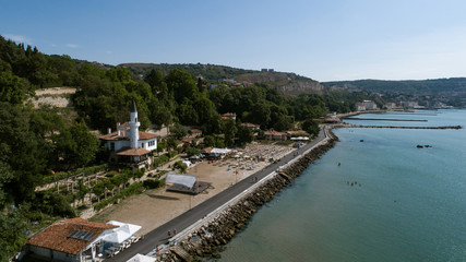 Aerial view of Balchik Castle at Black Sea on a sunny day.