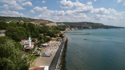 Aerial view of Balchik Castle at Black Sea on a sunny day.
