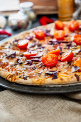 pizza cooked with standard cooked ham and mushrooms