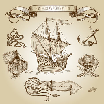 Old caravel, vintage sailboat. Sea monster, giant octopus, squid, pirate treasures, jolly roger, ancient anchor. Hand drawn vector sketch. Detail of the old geographical maps of sea