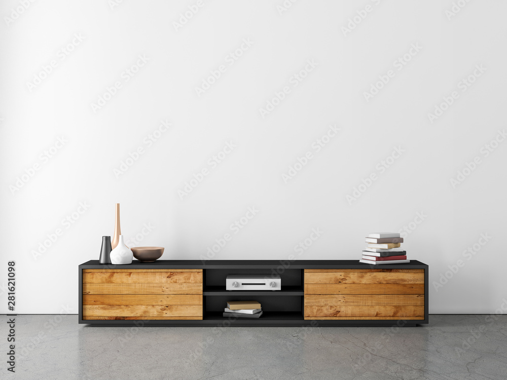 Wall mural modern bureau or tv console mockup in empty room with concrete floor