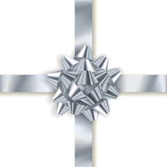 Silver gift bow with ribbons isolated on white background. Vector realistic element for design.