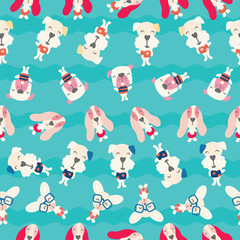 Seamless pattern of cute puppies/ dogs on vacation enjoying summer time on a pool