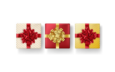 Set of realistic gifts box with bow on white background. Vector illustration. Top view.