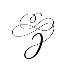 Vector Hand Drawn calligraphic floral J monogram or logo. Uppercase Hand Lettering Letter J with swirls and curl. Wedding Floral Design