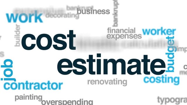 Cost estimate animated word cloud. Kinetic typography.