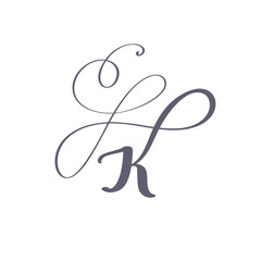 Vector Hand Drawn calligraphic floral K monogram or logo. Uppercase Hand Lettering Letter K with swirls and curl. Wedding Floral Design