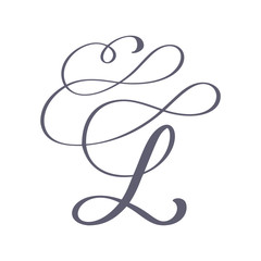 Vector Hand Drawn calligraphic floral L monogram or logo. Uppercase Hand Lettering Letter L with swirls and curl. Wedding Floral Design