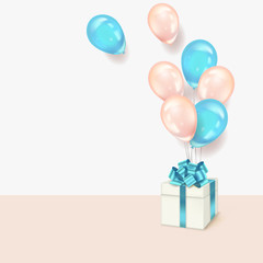 Holiday background with white gift box and balloons. Vector illustration.