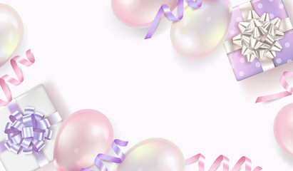 Holiday background with  gift boxes and balloons. Vector illustration.