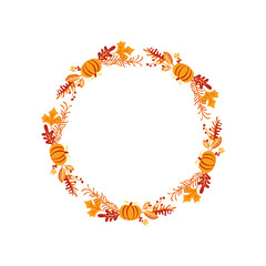 Vector frame autumn bouquet wreath. Orange leaves, berries and pumpkin isolated on white background with place for text. Perfect for seasonal holidays, Thanksgiving Day