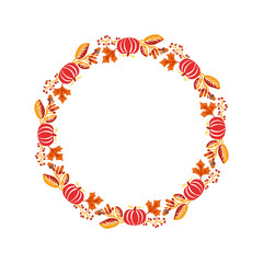 Vector frame autumn bouquet wreath. Orange leaves, berries and pumpkin isolated on white background with place for text. Perfect for seasonal holidays, Thanksgiving Day