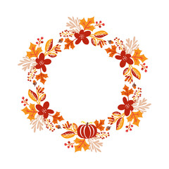 Vector frame autumn bouquet wreath. Orange leaves, berries and pumpkin isolated on white background with place for text. Perfect for seasonal holidays, Thanksgiving Day
