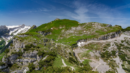 Switzerland, Panoramic view on EbenAlp and Berggasthaus Schäfler