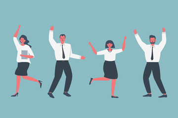 Office workers are celebrating the victory. Happy employees are dancing and jumping. Icons of business people. Funky flat style. Vector illustration