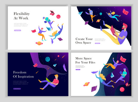 landing page templates set. Inspired People flying. Create your own spase. Characters moving and floating in dreams, imagination and freedom inspiration design work