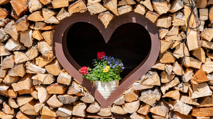 Lovely and beautiful woodpile with flowers