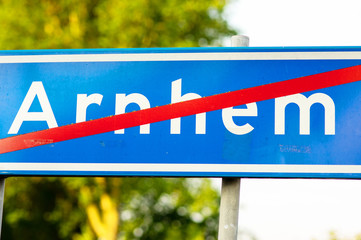 Place name exit sign of Arnhem, Netherlands