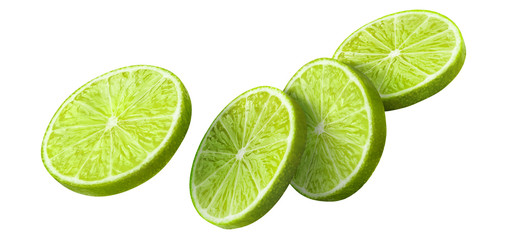 Slices of green lime, isolated on white background