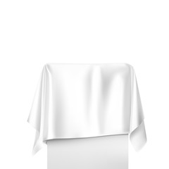 White round tablecloth draped over a table. Vector illustration on white background. Ready for your design, promo, presentation. EPS10.	