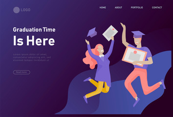 Set of web page design templates with smiling graduates people in graduation gowns holding diplomas and happy Jumping. Modern vector illustration concepts for website and mobile website development