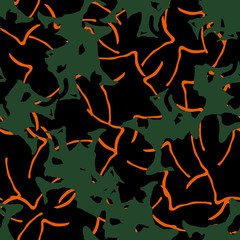 Urban UFO camouflage of various shades of black, orange and green colors