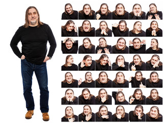 Set of images of a middle-aged man. Different emotions, collage. White background.