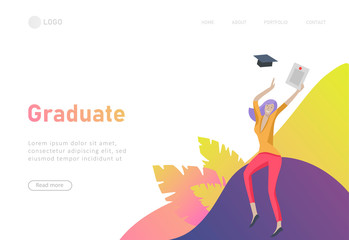 Set of web page design templates with smiling graduates people in graduation gowns holding diplomas and happy Jumping. Modern vector illustration concepts for website and mobile website development