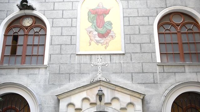 Entrance upper facede view of  Church of St. Mary Draperis,a Roman Catholic Church built in 1584 in Beyoglu,Istanbul,Turkey.25 July 2019