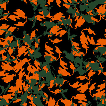 Urban UFO camouflage of various shades of black, orange and green colors