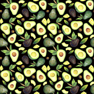 Seamless pattern with avocados, leaves on a  black background. Hand painted in watercolor.