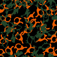 Urban UFO camouflage of various shades of black, orange and green colors