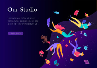 landing page template. Inspired People flying. Create your own spase. Character moving and floating in dreams, imagination and freedom inspiration design work. Flat design style
