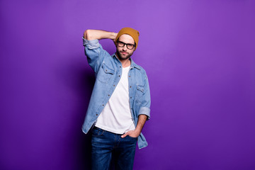 Portrait of his he nice attractive content virile brutal bearded guy posing modern lifestyle season clothing isolated over bright vivid shine violet lilac purple background