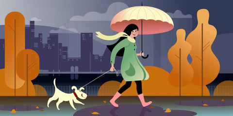 A girl under an umbrella walks with a dog in an autumn park along the embankment. City street scene. Vector illustration