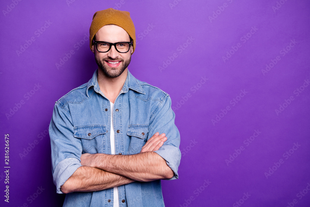 Poster portrait of his he nice attractive content virile cheerful cheery bearded guy folded arms copy space