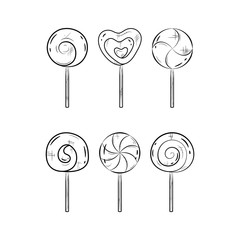 Black and white lollipop set icons. Simple line art. Swirl sweet lollipops. Vector illustration.