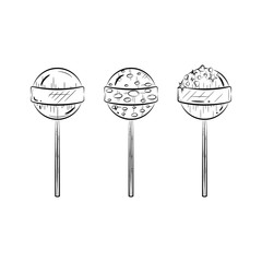 Black and white lollipop set. Candy icon. Simple line art. Vector illustration.
