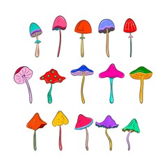 Colorful mushrooms set icons. Cartoon vector illustration. Hallucinogenic fantasy mushrooms.