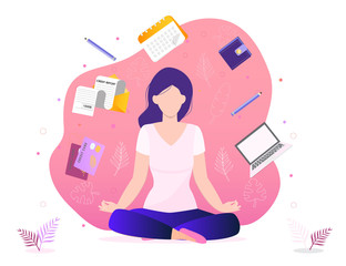 Trendy business yoga concept vector. Office meditation, self-improvement, controlling mind and emotions, zen relax concentration yoga practice. Girl is sitting in a lotus position.