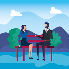 business couple calling with cellphone in the park chair