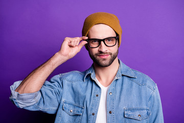 Close-up portrait of his he nice attractive content cool modern cheerful bearded guy touching specs isolated over bright vivid shine violet lilac purple background