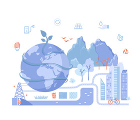 Green eco city and planet ecology conservation concept and ideas, Saving the earth with Solar energy panels, wind turbines renewable energy and bio technology. Vector illustration 