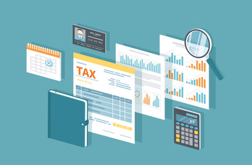 Tax payment concept. State Government taxation, calculation of tax return. Tax form with paper documents, forms, calendar, notebook, calculator. Pay bills, invoices. Isometric 3d vector illustration.