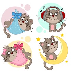 Set of icons with cats. Newborn kittens a boy and a girl in diapers, a cat in headphones listening to music, sitting on a month.