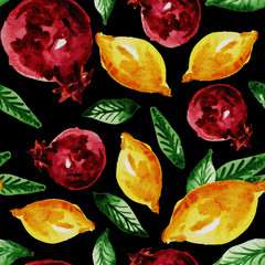 Hand drawn watercolor vintage seamless pattern of ripe pomegranate,lemon and leaves .Tropical,exotic fruit.Abstraction print of black background.